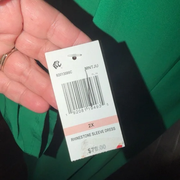 MSK Kelly Green RHINESTONE 3/4 Sleeve Sheath Dress V Neck Size 2X NEW - Picture 9 of 9